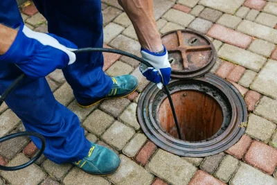 Plumber cleaning an outdoor sewer drain in Springfield