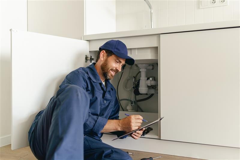 Residential plumber reviewing plumbing repairs in a Springfield kitchen